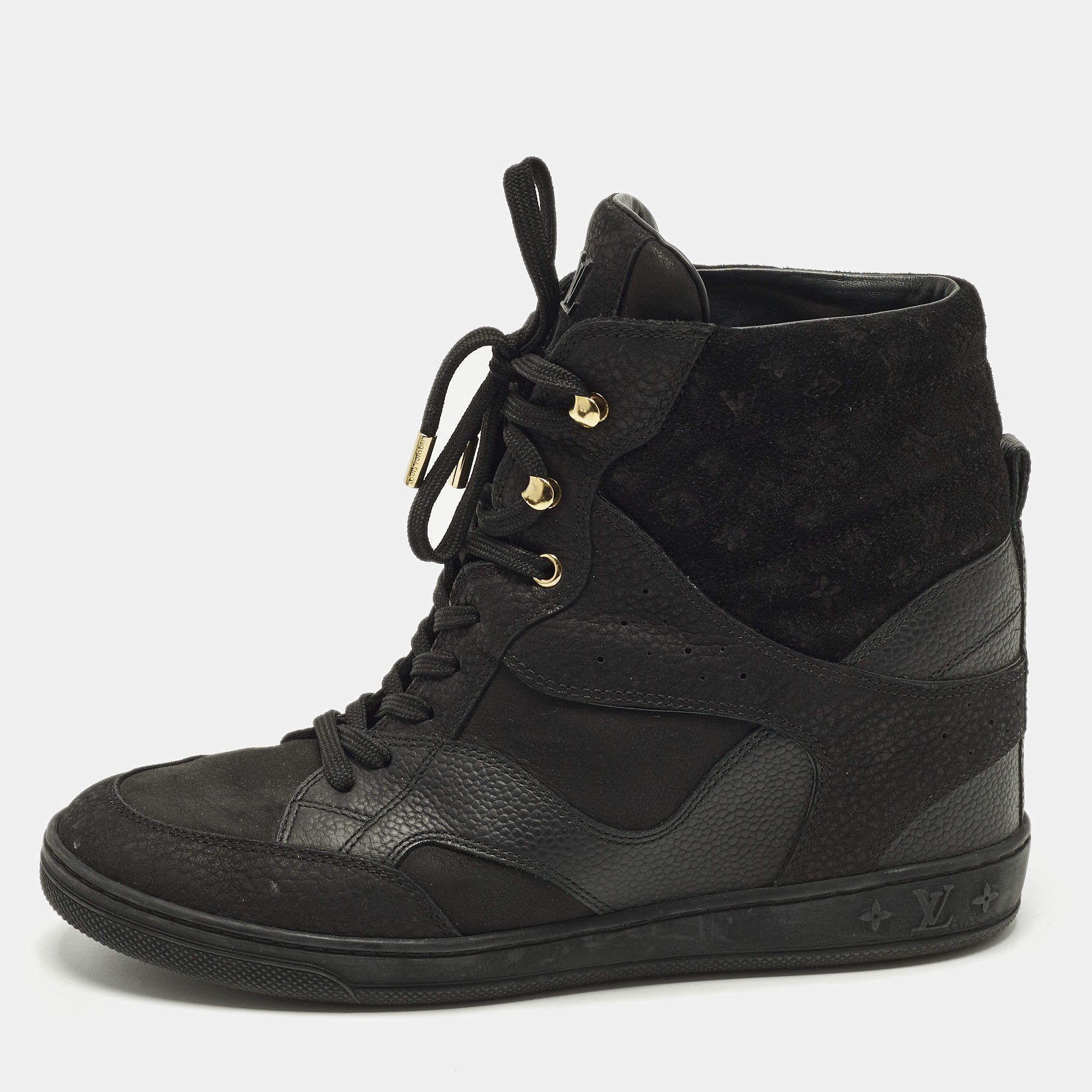 Pre Owned Louis Vuitton Cliff Size 38.5 Black Monogram Suede and Leather High Top Sneakers