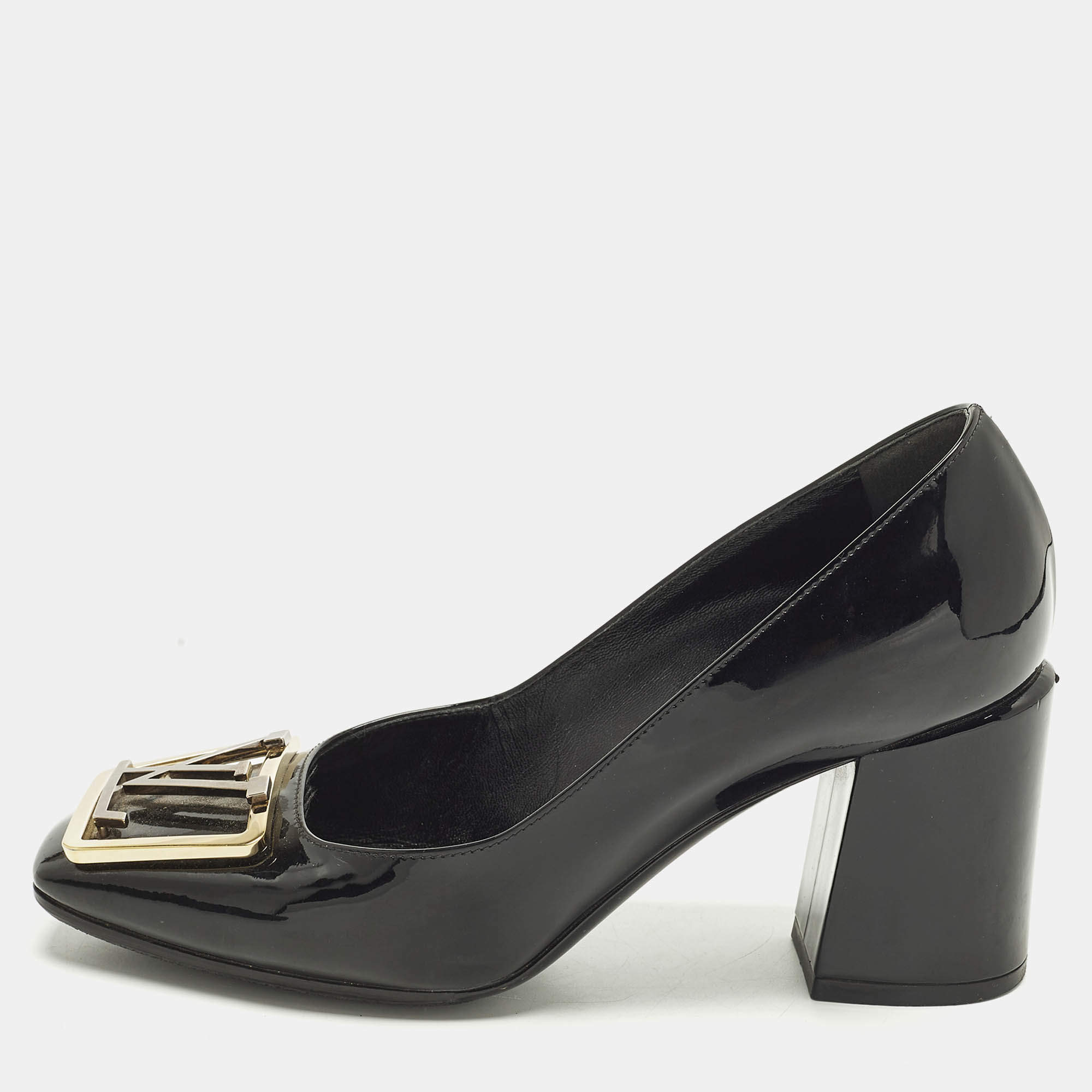 Pre Owned حذاء كعب عالي لوي فيتون مادلين جلد لامع أسود بكعب عريض مقاس 39