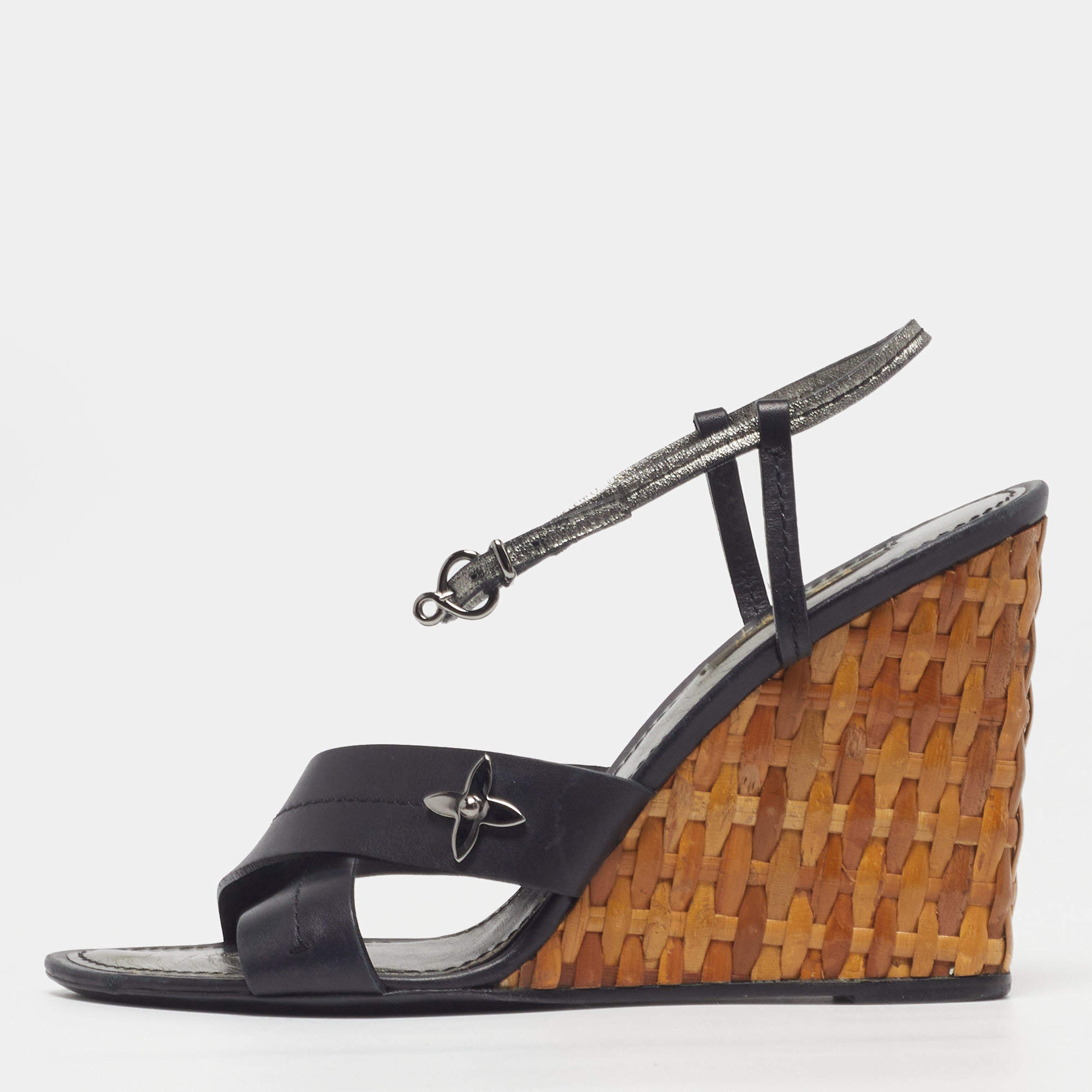 Pre Owned صندل لويس فيتون أسود جلدي بأشرطة ووتية وحيد بلور مقاس 38.5