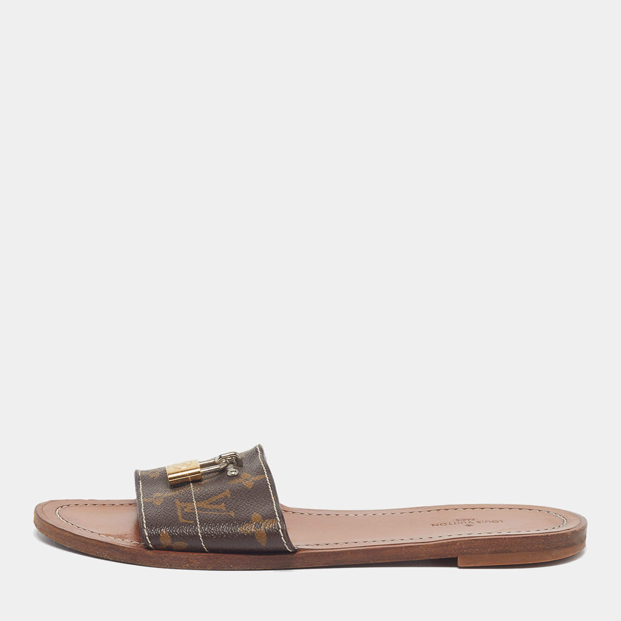 Pre Owned Louis Vuitton Lock It Size 37  Monogram Coated Canvas Flat Slides