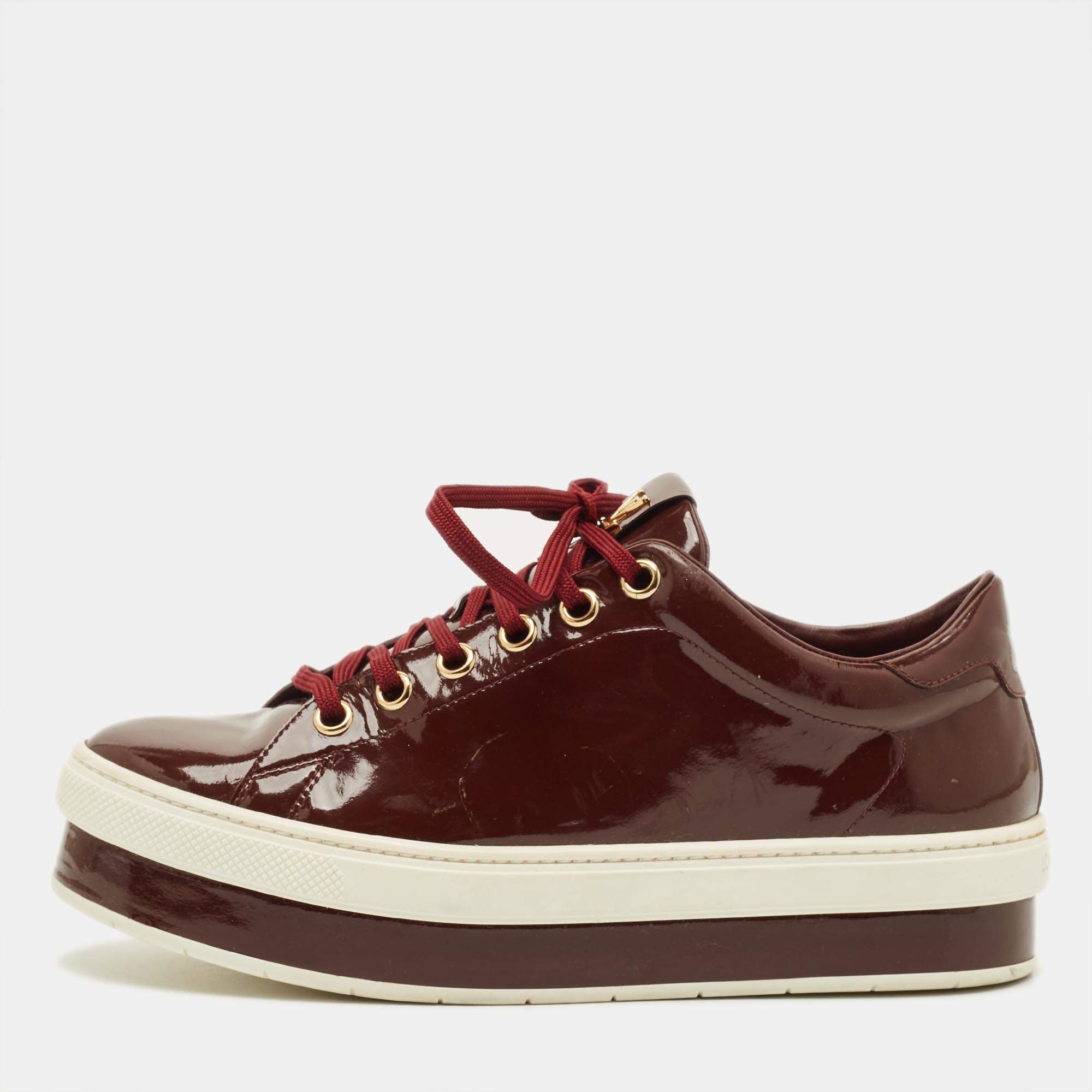 Pre Owned Louis Vuitton Size 40 Burgundy Patent Leather Lace Up Platform Sneakers