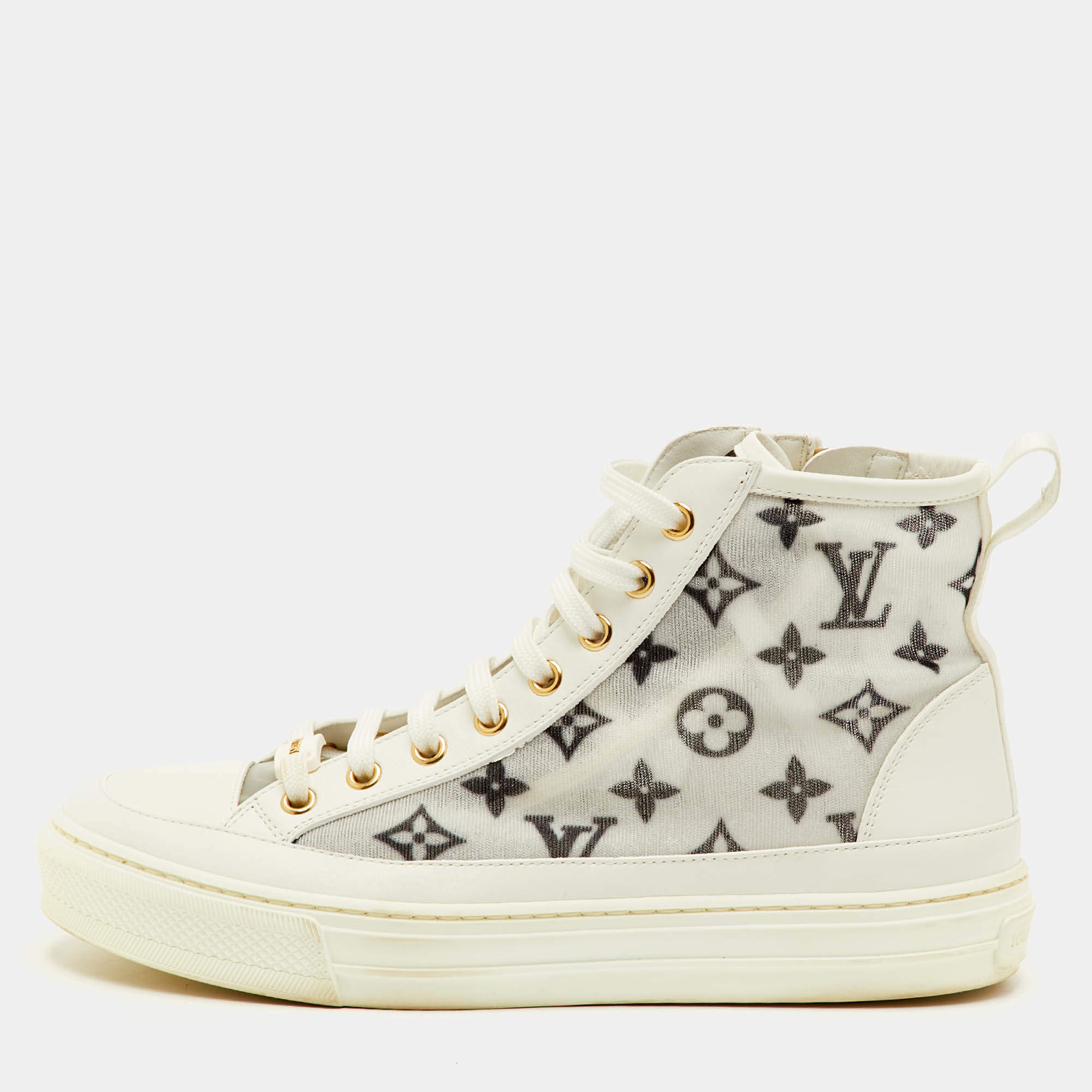 Pre Owned Louis Vuitton Stellar Size 37.5 White Leather and Monogram Mesh High Top Sneakers