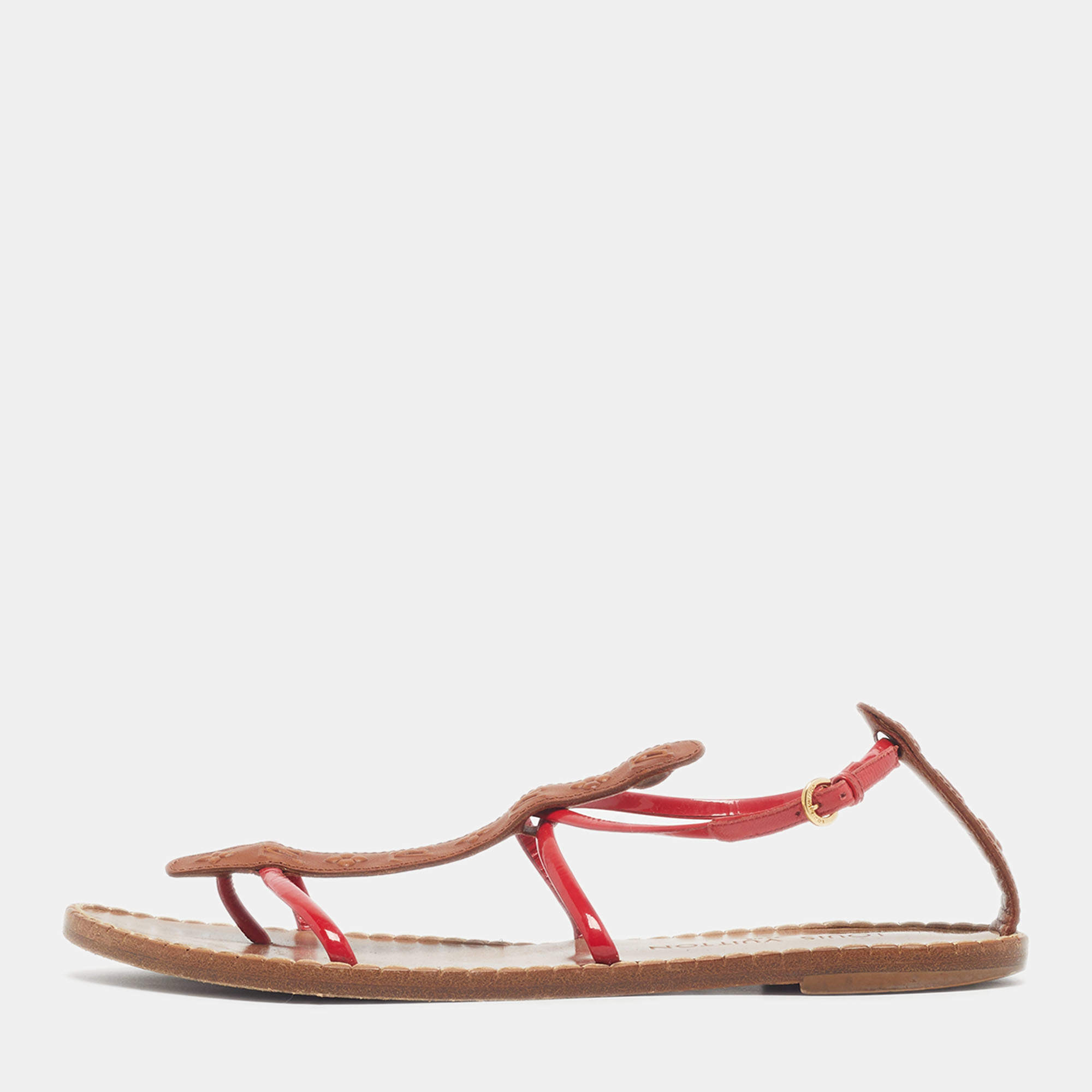 Pre Owned Louis Vuitton Size 39 Brown/Red Monogram Leather and Patent Flat Ankle Strap Thong Sandals