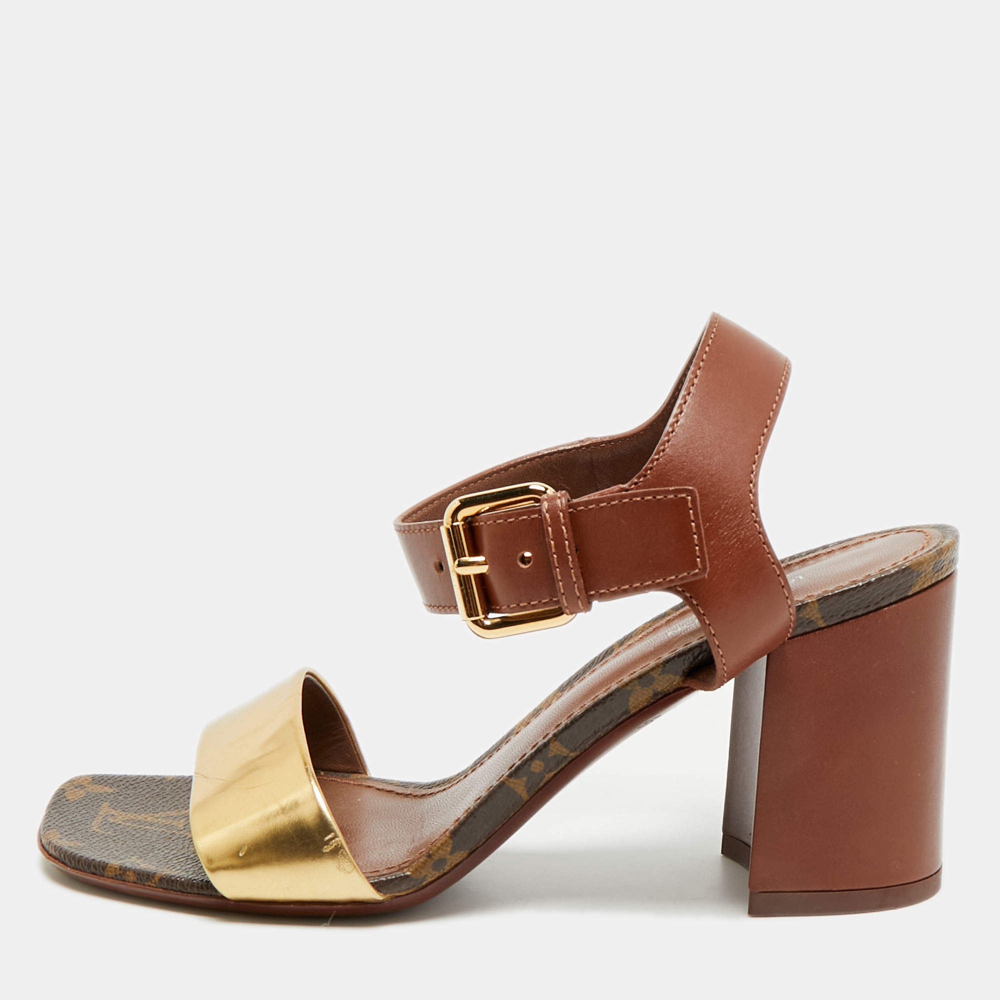 مملوكة مسبقًا صندل لوي فيتون بلوم جلد بني/ذهبي بحزام للكاحل مقاس 36