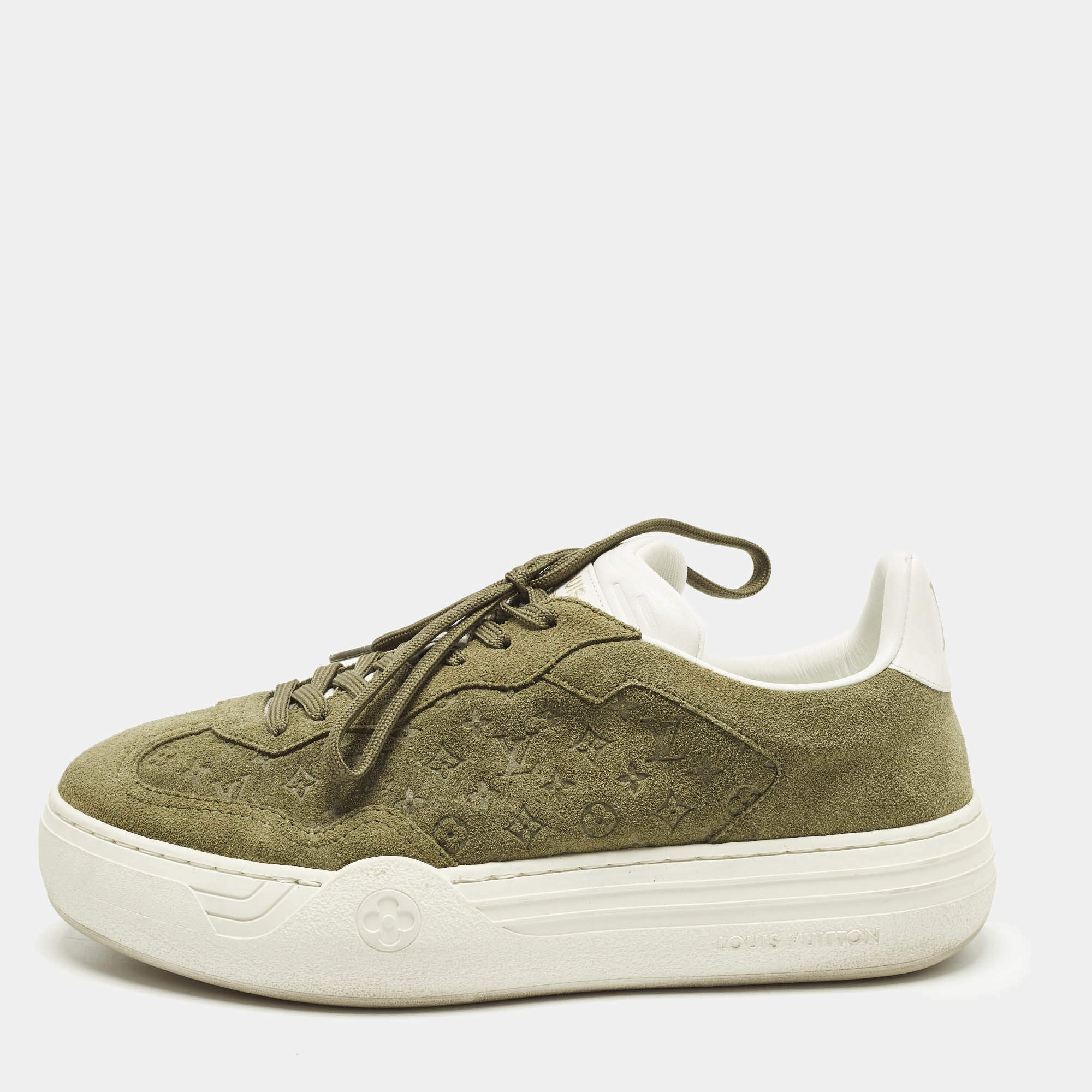 Pre Owned Louis Vuitton Groovy Size 39 Green Monogram Suede Low Top Platform Sneakers