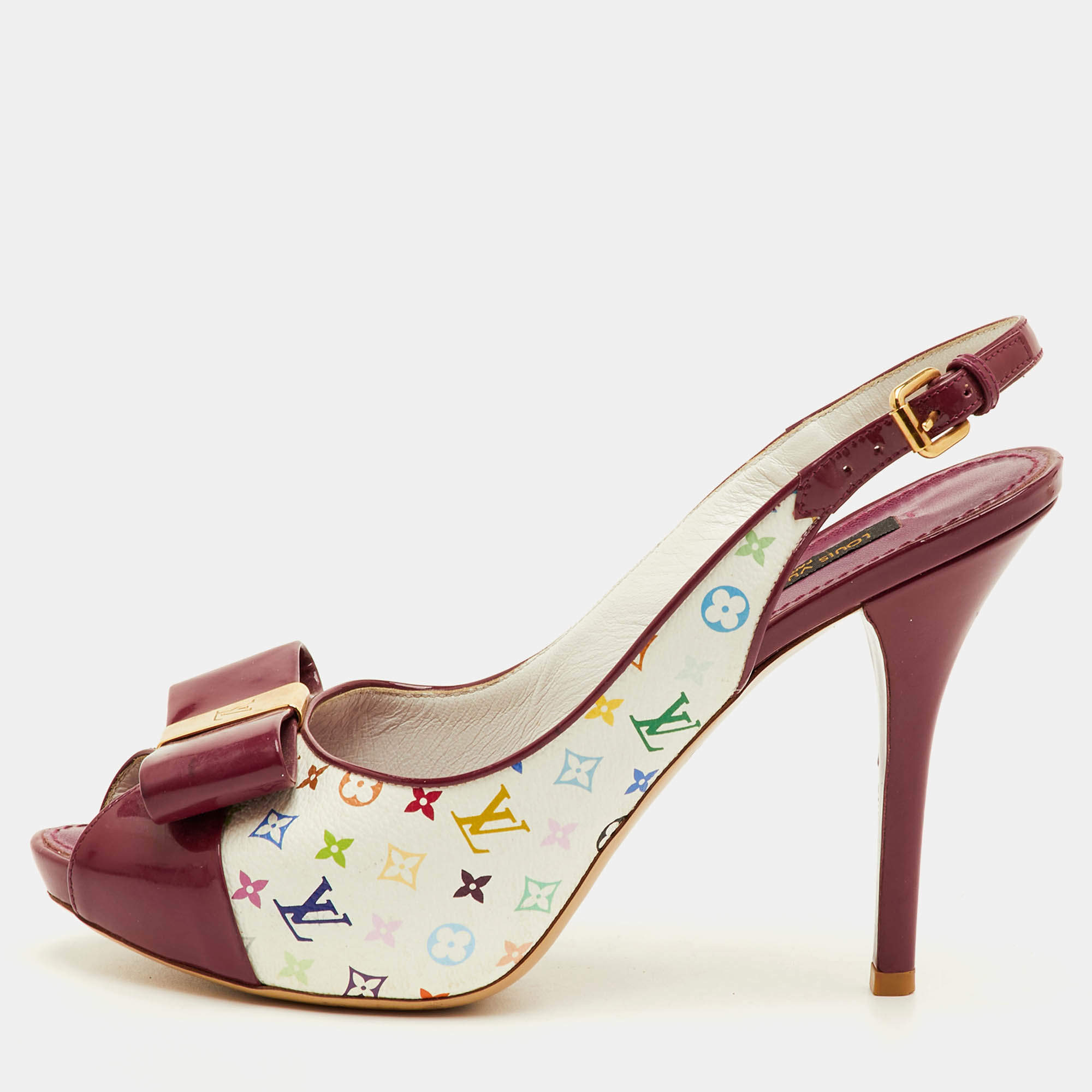 مملوكة مسبقًا Louis Vuitton Shirley Bow Size 38 Multicolore Monogram Canvas and Patent Leather Slingback Sandals