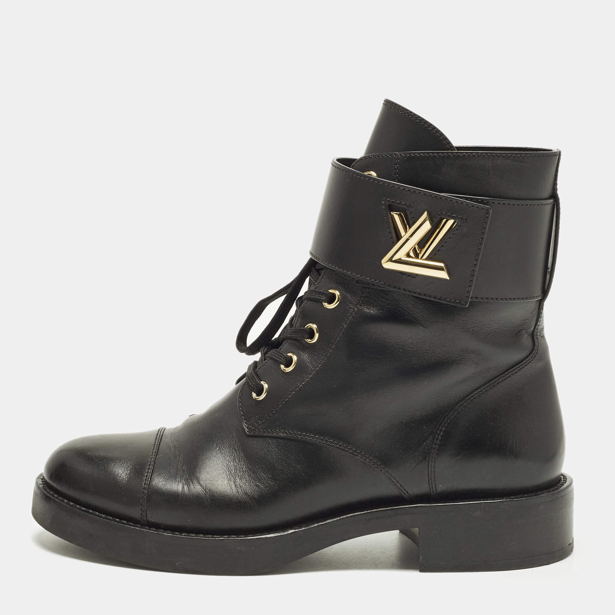 Pre Owned Louis Vuitton Wonderland Ranger Size 38.5 Black Leather Combat Boots