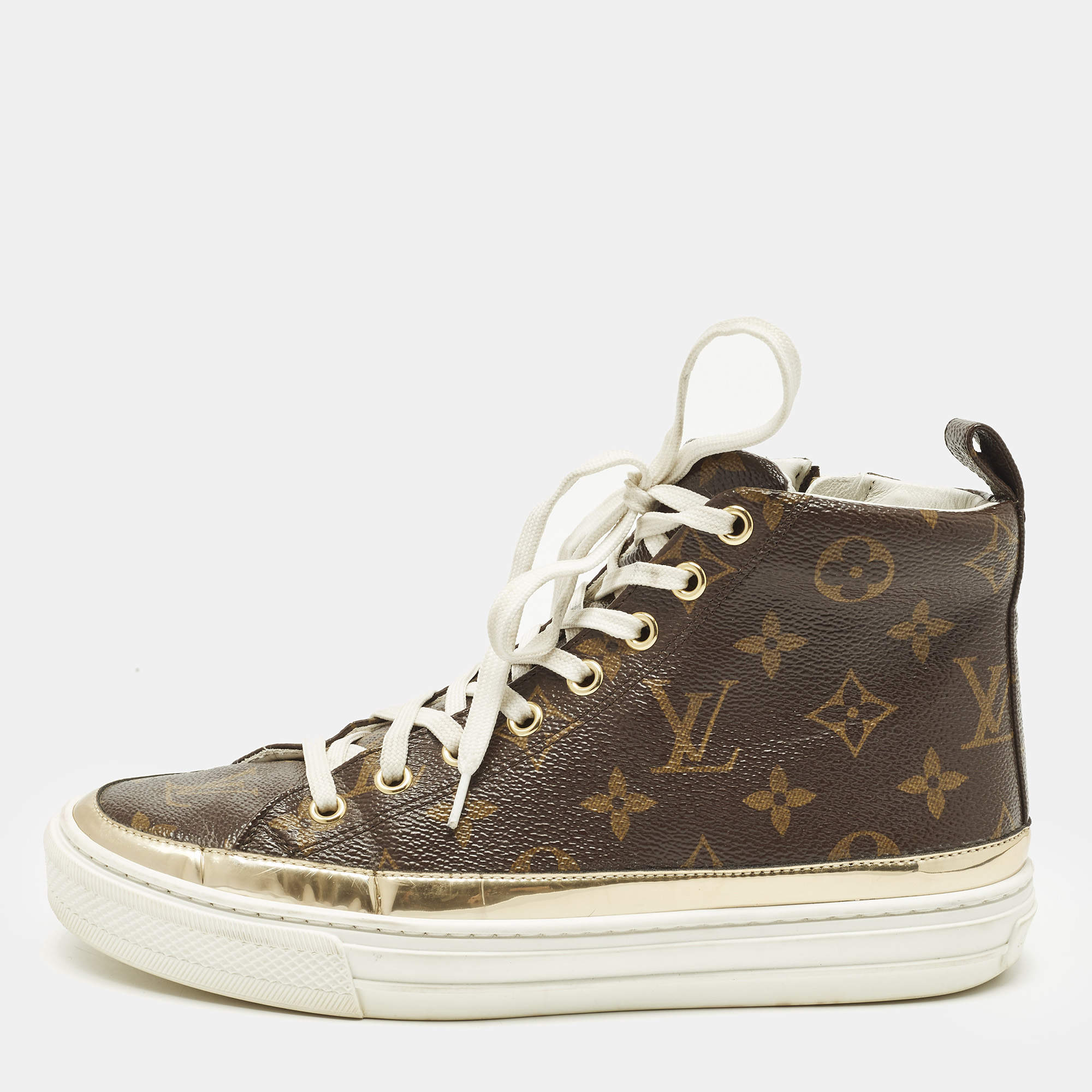 Pre Owned Louis Vuitton Size 36.5 Brown Coated Canvas And Leather High Top Sneakers