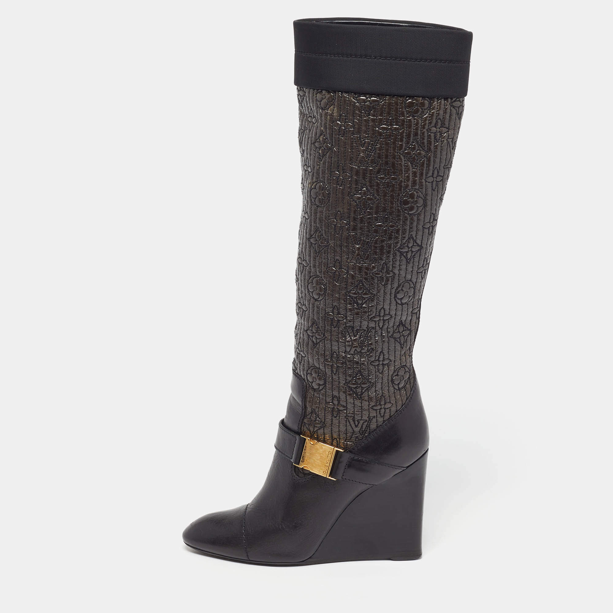 Pre Owned Louis Vuitton Motard Size 39.5 Black/Metallic  Leather and Monogram Nylon Knee Length Boots