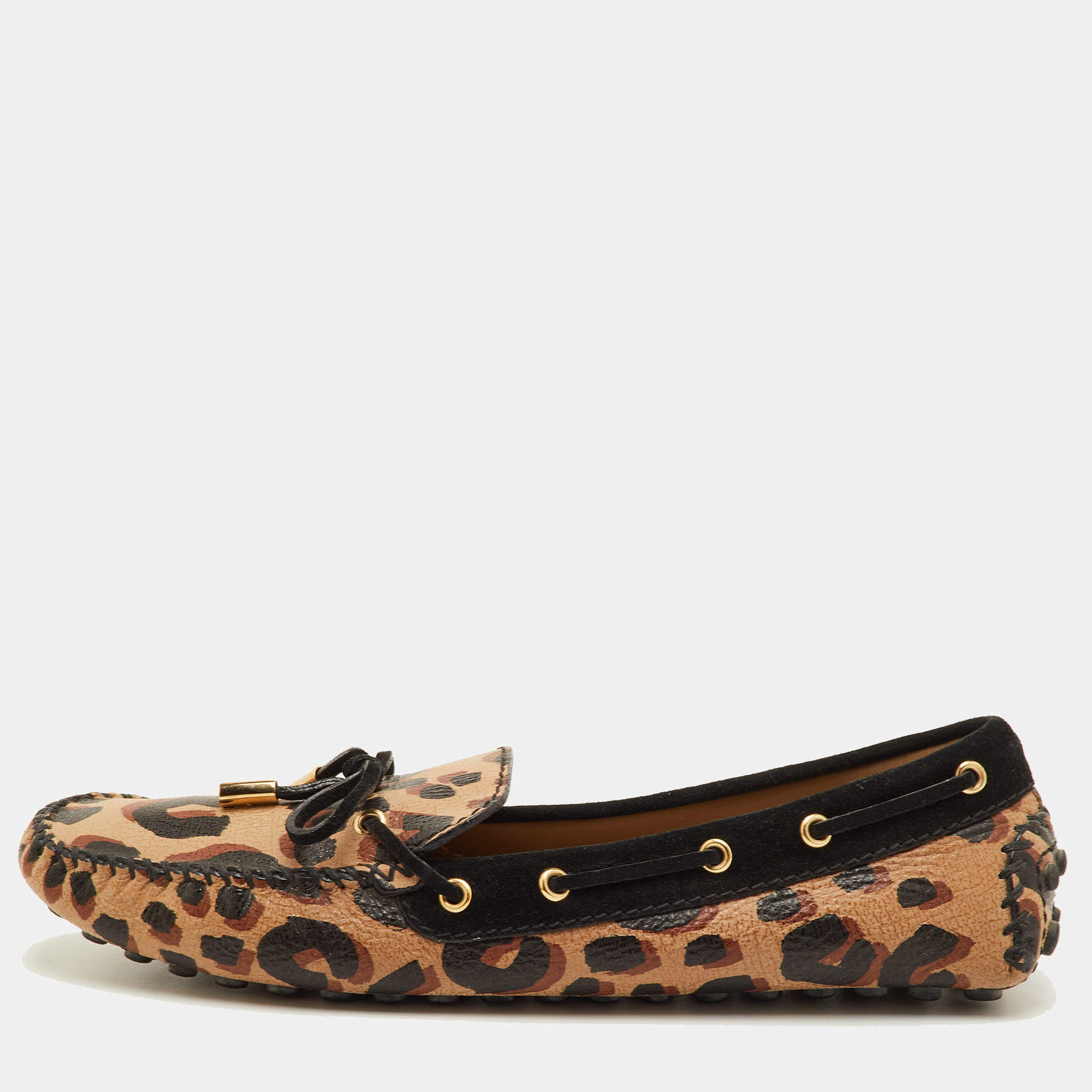 مملوكة مسبقًا Louis Vuitton Beige/Black Leopard Print Leather and Suede Gloria Slip On Loafers