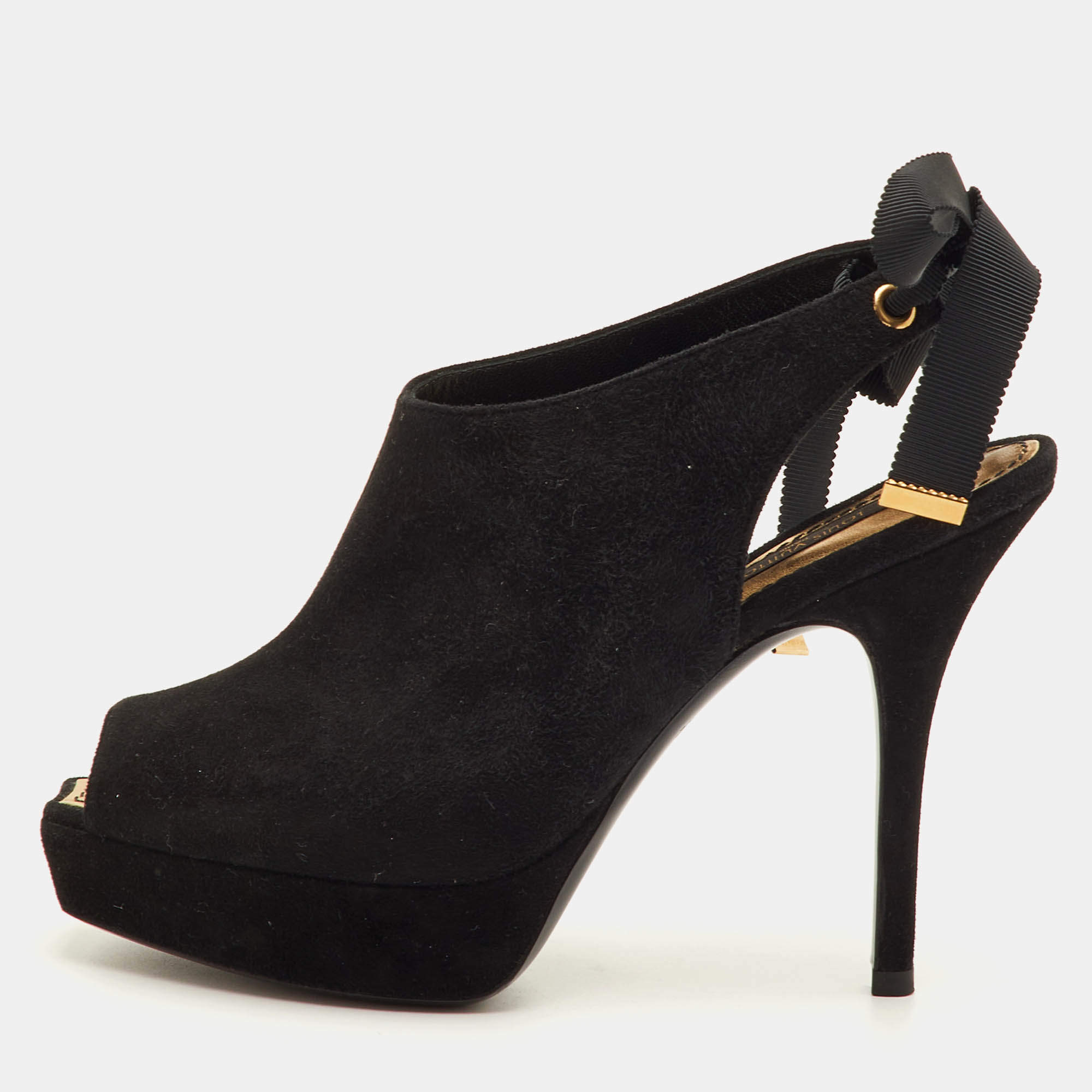 Pre Owned صندل بأصابع مفتوحة وبنعل سميك لوي فيتون شامواه أسود مقاس 35.5