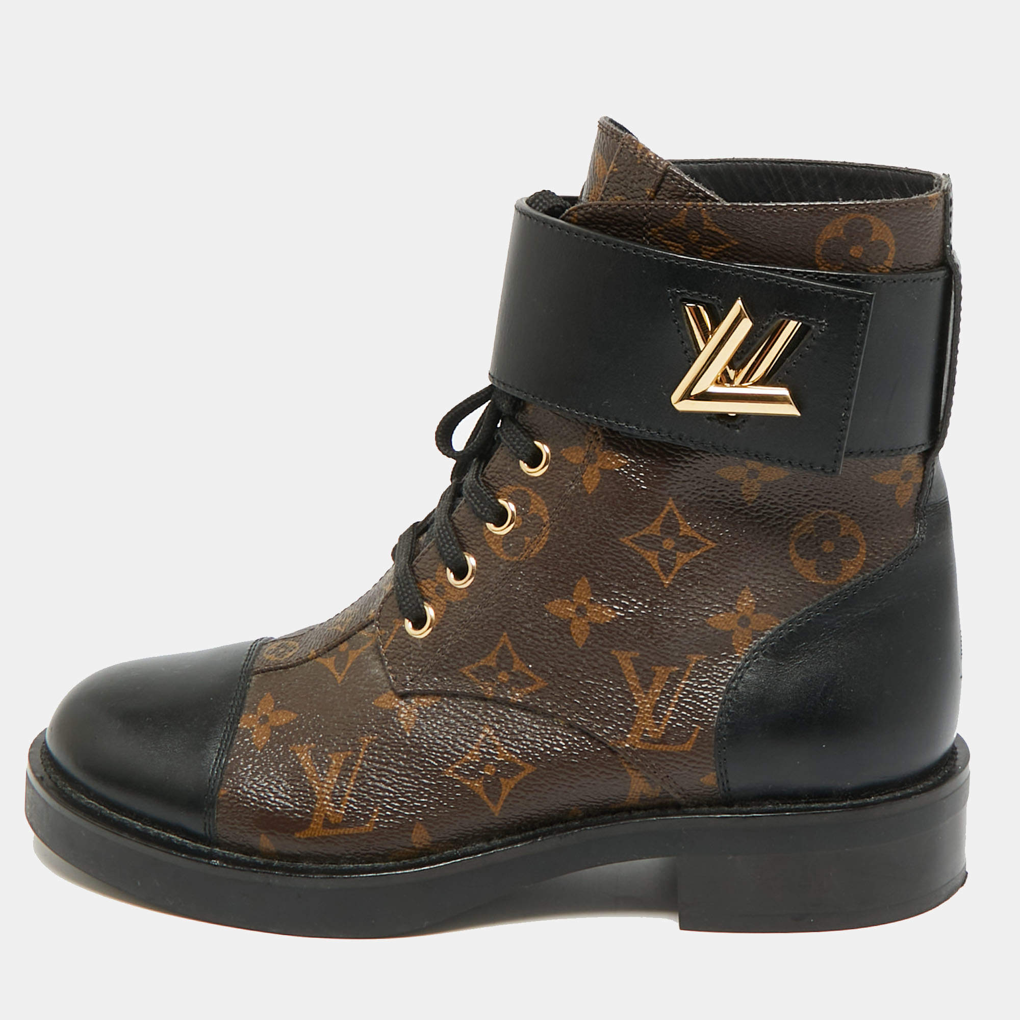 Pre Owned Louis Vuitton Wonderland Ranger Size 37 Brown Canvas and Leather Combat Boots