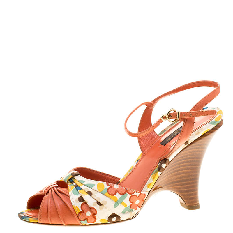 Louis Vuitton Orange Motif Printed Fabric and Leather Ankle Strap Sandals Size 38.5 Louis ...