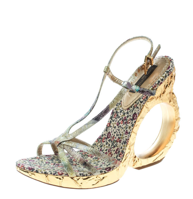Pre Owned Louis Vuitton Multicolor Brocade Fabric Feerique Morganne Wedge Strappy Sandals Size 36