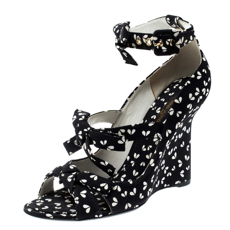 Louis Vuitton Black Printed Fabric Bow Ankle Strap Wedges Sandals Size 38