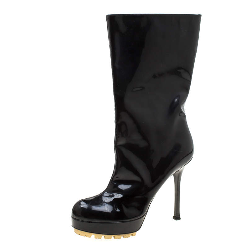 Saint Laurent Paris Black Patent Leather Platform Mid Calf Boots Size 38