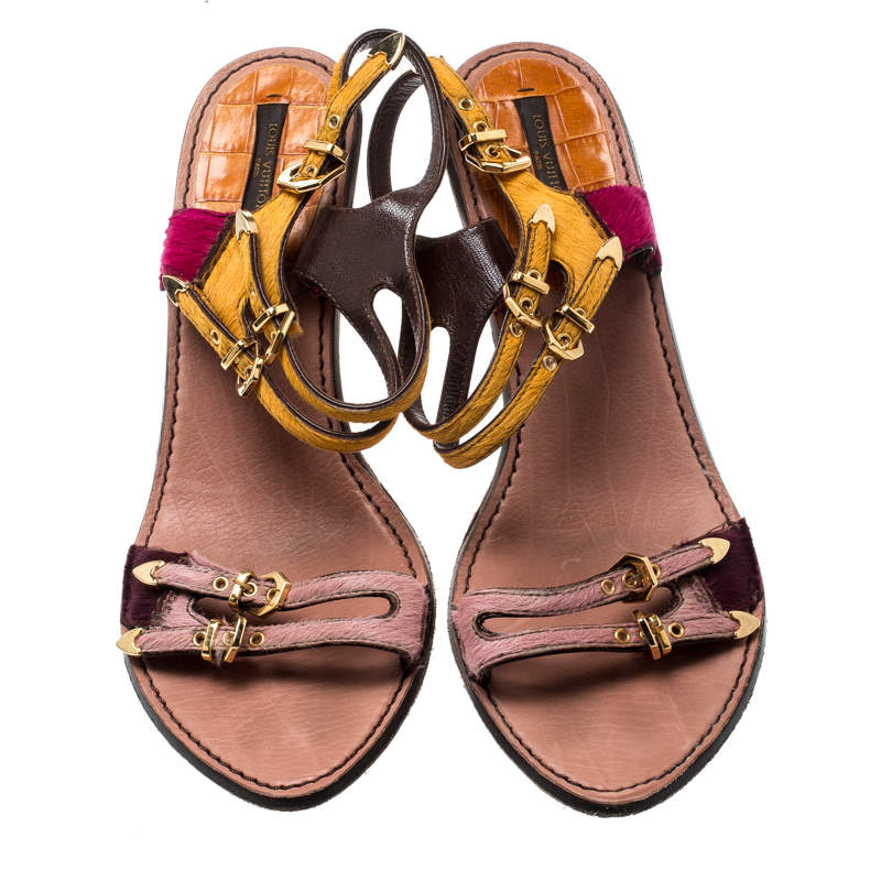 Louis Vuitton Multicolor Calf Hair And Patent Leather Tupelo Buckle  Slingback Sandals Size 38.5