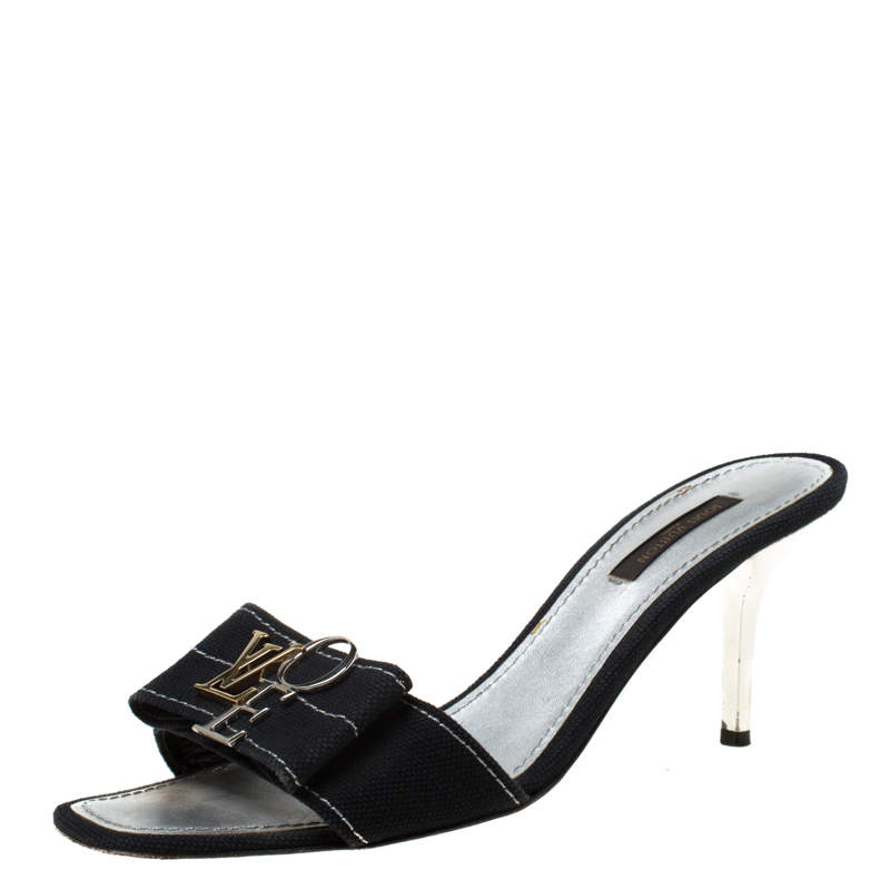 Pre Owned Louis Vuitton Black Canvas Logo Detail Slip On Sandals Size 37.5