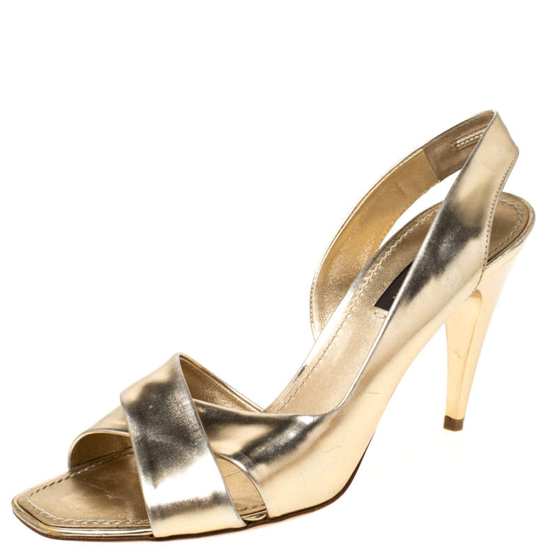 Louis Vuitton Gold Patent Leather Barbara Criss Cross Slingback Sandals Size 36.5
