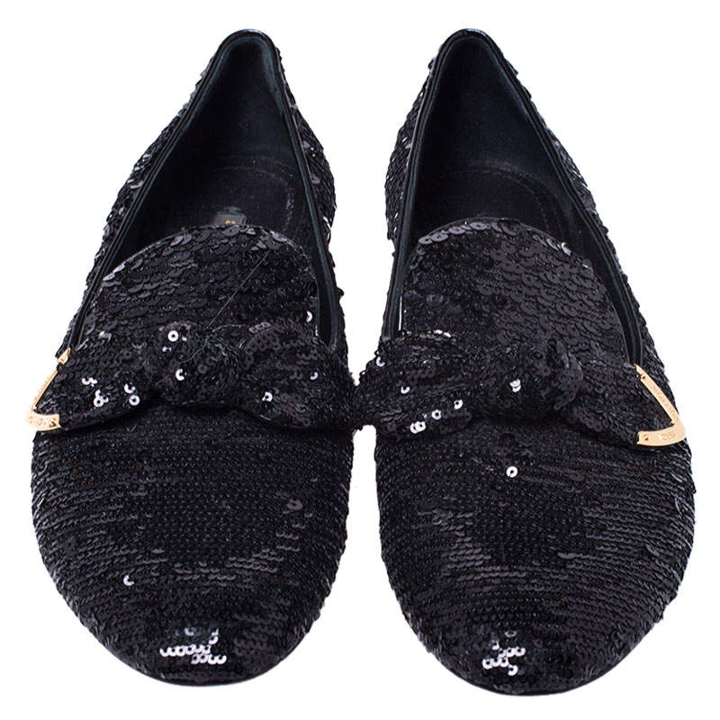 Louis Vuitton Black Sequins Amulet Bow Detail Smoking Slippers Size 37.5  For Sale at 1stDibs