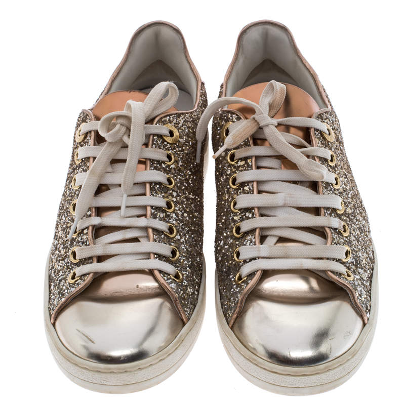 Louis Vuitton Metallic Rose Gold Leather And Coarse Glitter Frontrow Low  Top Lace Up Sneakers Size 38 Louis Vuitton