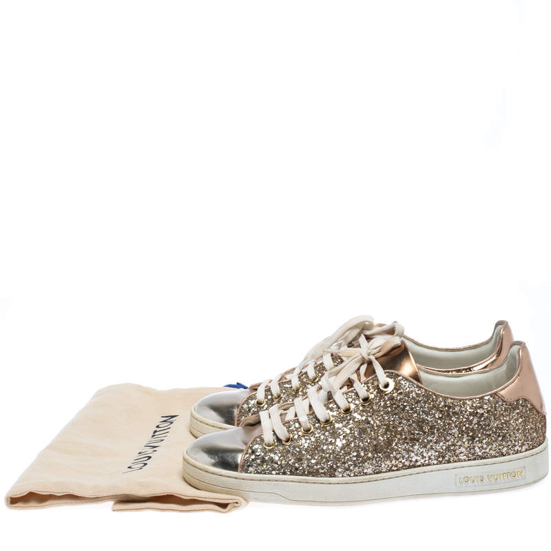 Louis Vuitton Metallic Rose Gold Leather And Coarse Glitter Frontrow Low  Top Lace Up Sneakers Size 38