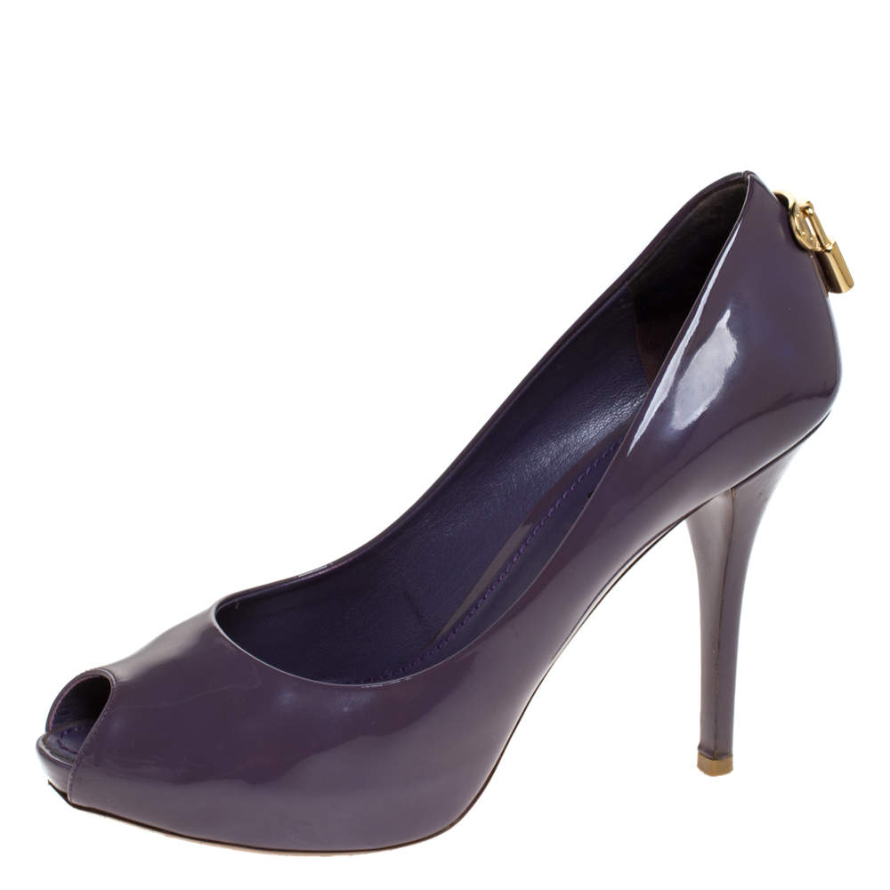 Pre Owned Louis Vuitton Purple Patent Leather Oh Really! Peep Toe Platform Pumps Size 38.5