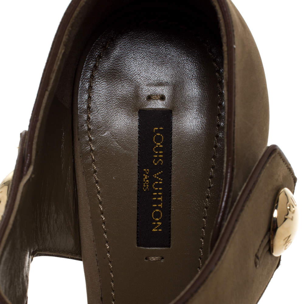 LOUIS VUITTON Olive Green Nubuck Leather Peep Toe Platform Sandals Suede 39  1/2