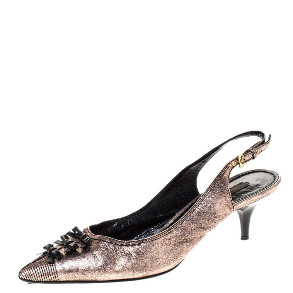 Louis Vuitton Metallic Bronze / Black Leather Bow Detail Pointed Toe Slingback Sandals Size 38