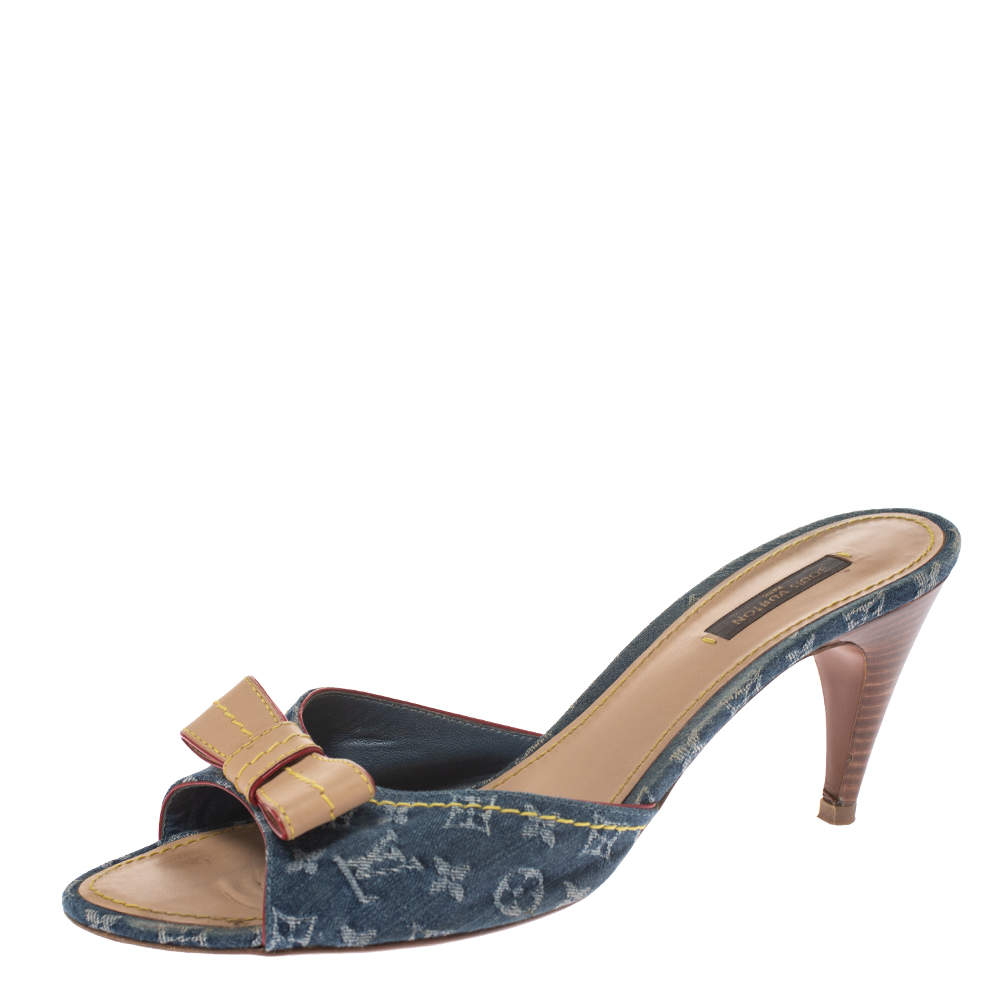 Louis Vuitton Blue Monogram Denim And Leather Bow Slide Sandals Size 41