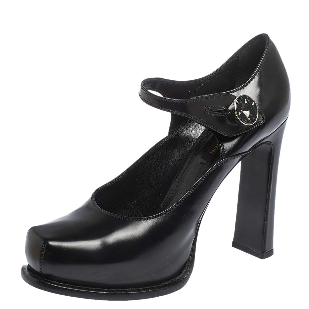 مملوكة مسبقًا Louis Vuitton Black Leather Mary Jane Embellished Platform Pumps Size 36.5