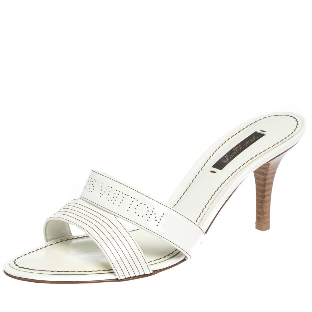 Louis Vuitton White Patent Leather Perforated Logo Detail Open Toe ...