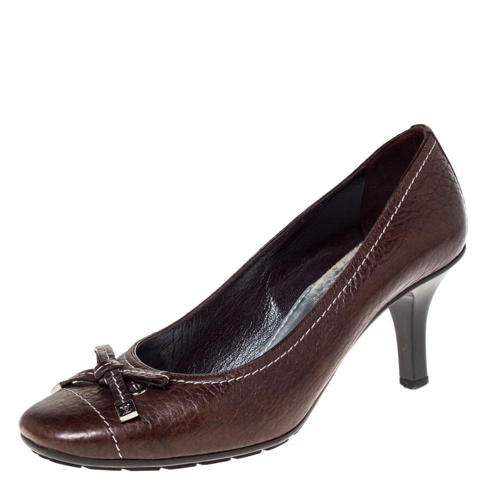 Pre Owned حذاء كعب عالي لوي فيتون مزين بفيونكة جلد بني مقاس 37