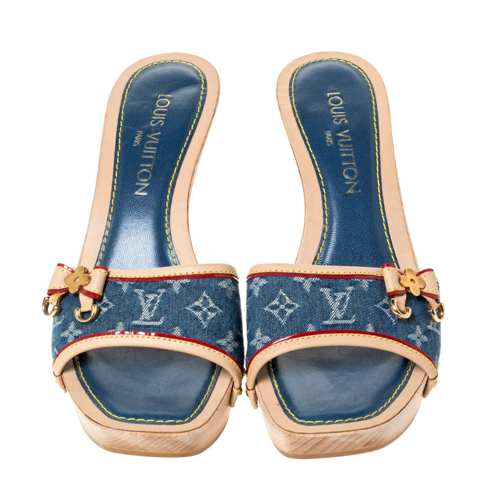 Louis Vuitton Blue Monogram Denim Bow Detail Slides Sandals Size 38