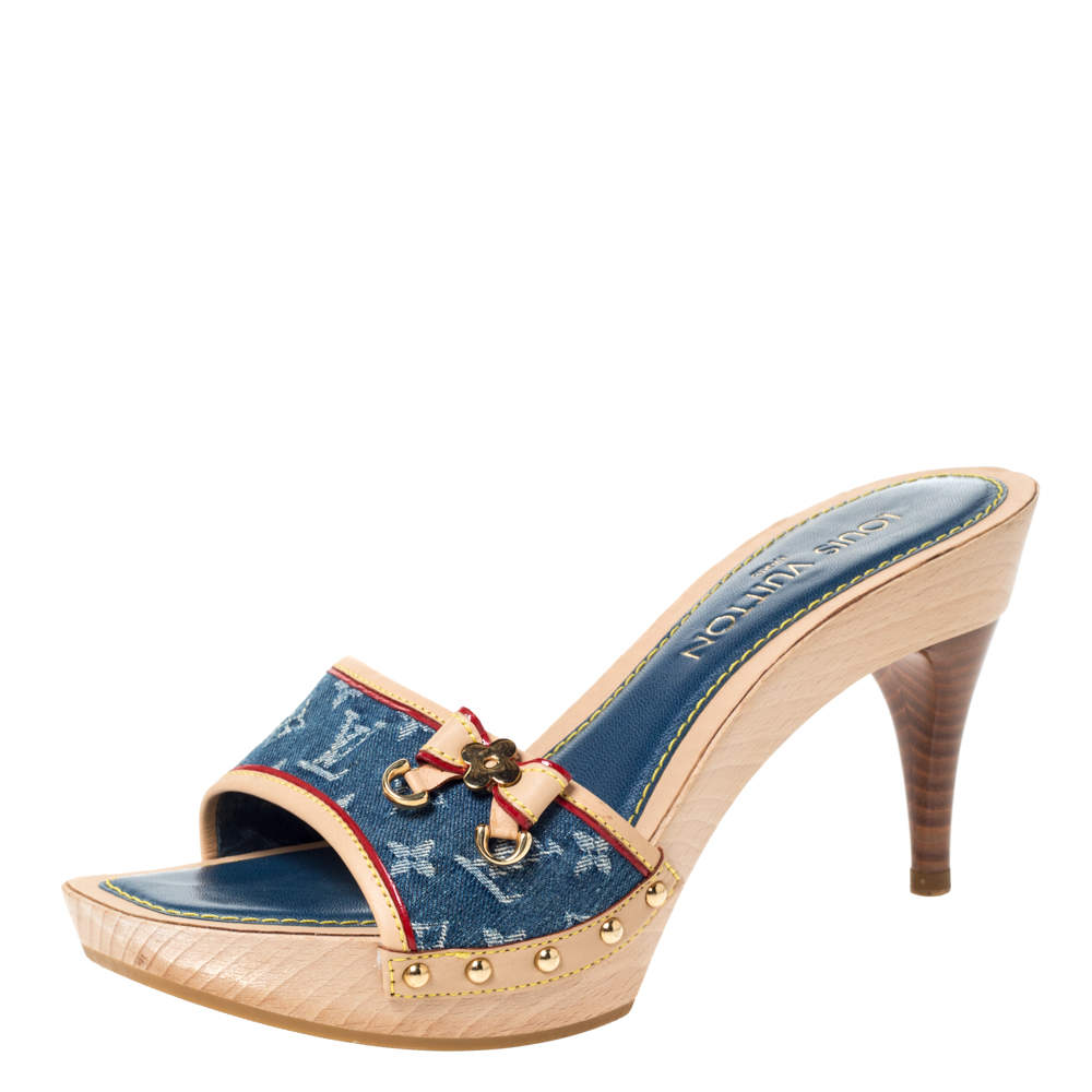 Pre Owned Louis Vuitton Blue Monogram Denim Bow Detail Slides Sandals Size 38