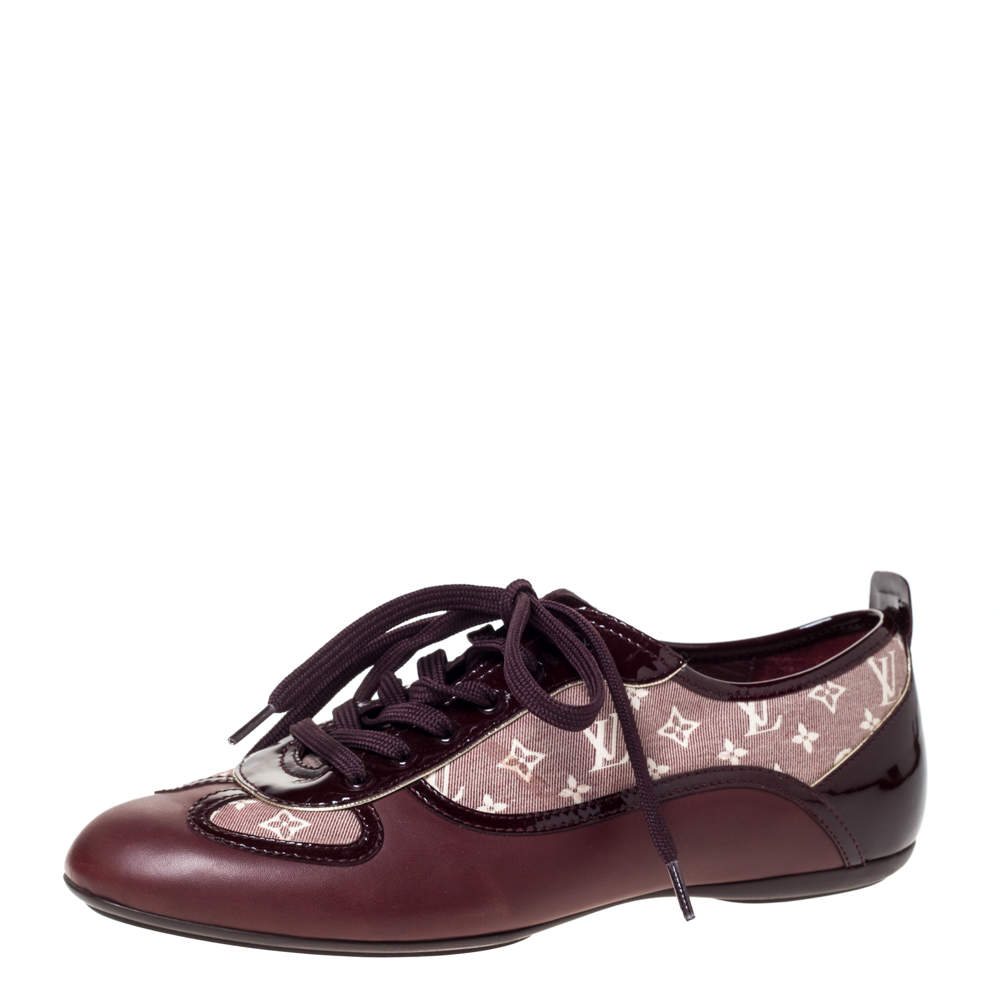 Louis Vuitton Burgundy Leather And Monogram Canvas Lace Up Sneakers Size 35