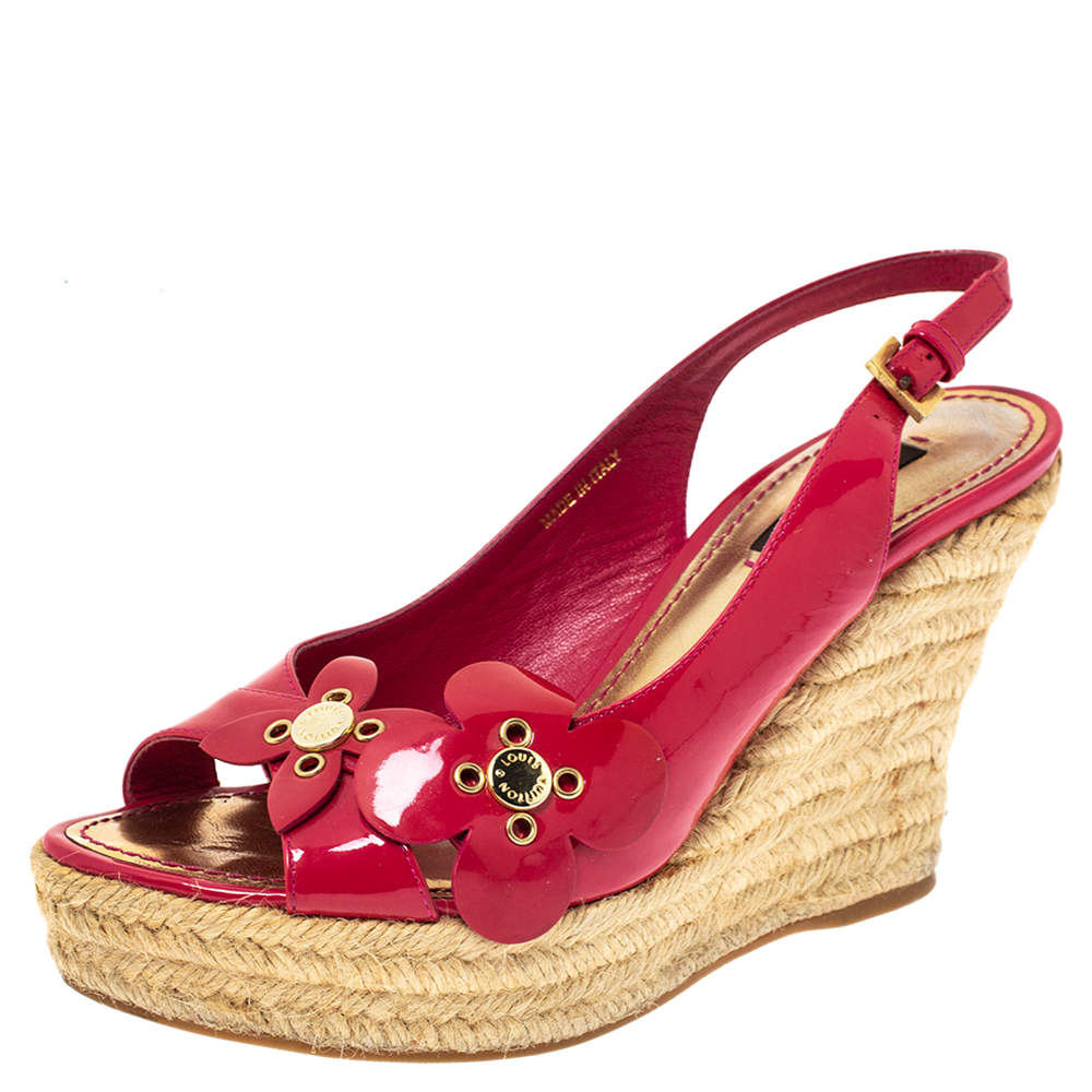 Louis Vuitton Pink Patent Floral Applique Wedge Espadrille Slingback Sandals Size 37 Louis ...