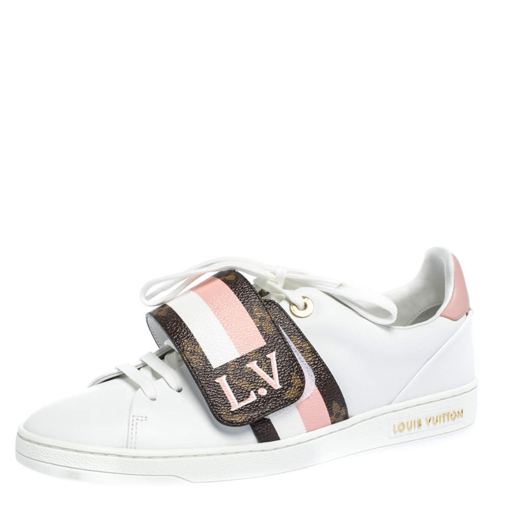 Pre Owned Louis Vuitton White Leather and Monogram Canvas Frontrow Low Top Sneakers Size 37