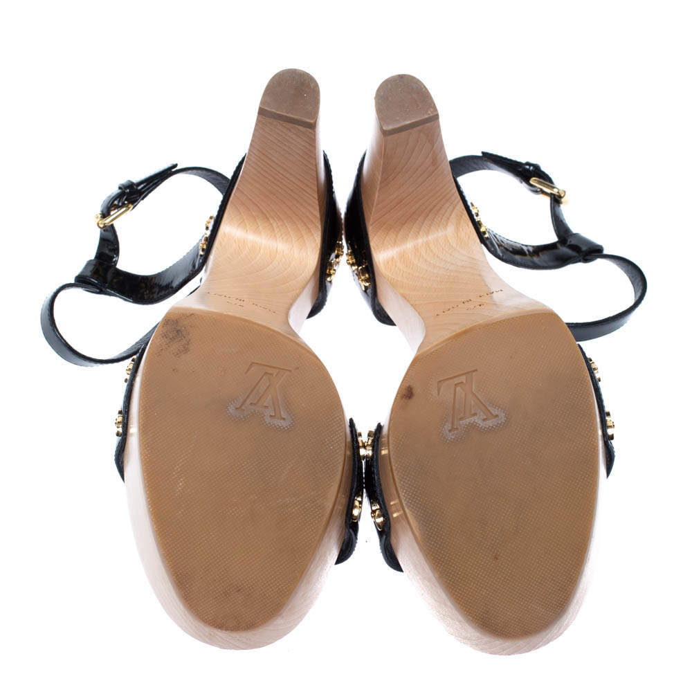 Louis Vuitton Black Patent Wooden Platform Block Heel Ankle Strap Sandals  Size 36.5 Louis Vuitton