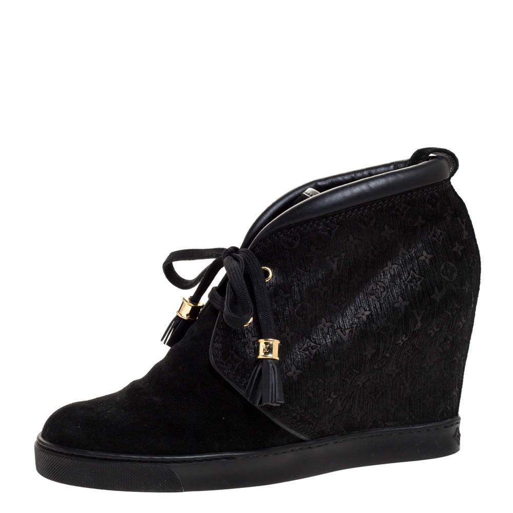 Louis Vuitton Black Monogram Embossed Suede And Leather Wedge Ankle Booties Size 39 Louis ...