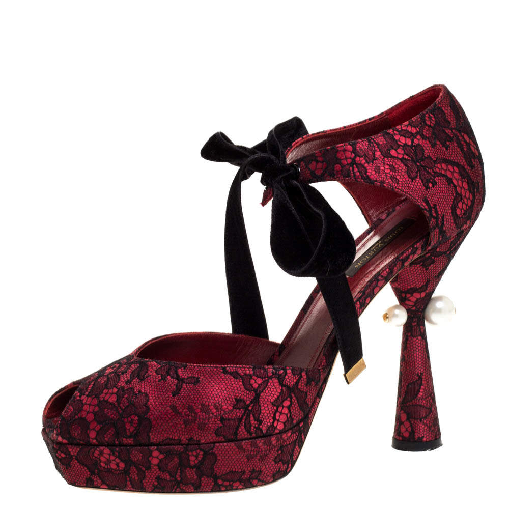 Louis Vuitton Maroon Satin And Black Lace Pearl Embellished Heel Pumps ...