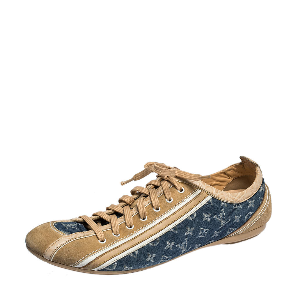 Louis Vuitton Blue/Beige Monogram Denim and Crocodile Impulsion Sneakers Size 40.5