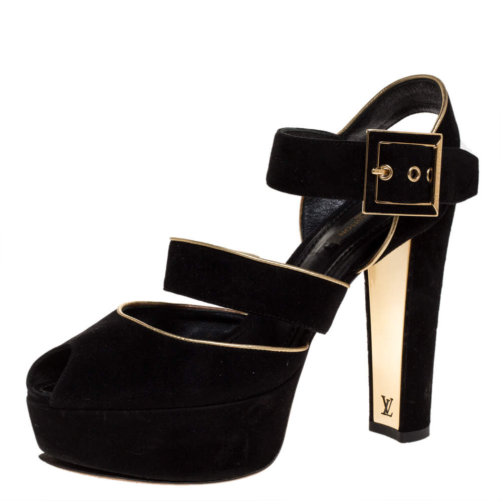 Louis Vuitton Black Suede Leather Mowani Platform Ankle Strap Sandals Size 38