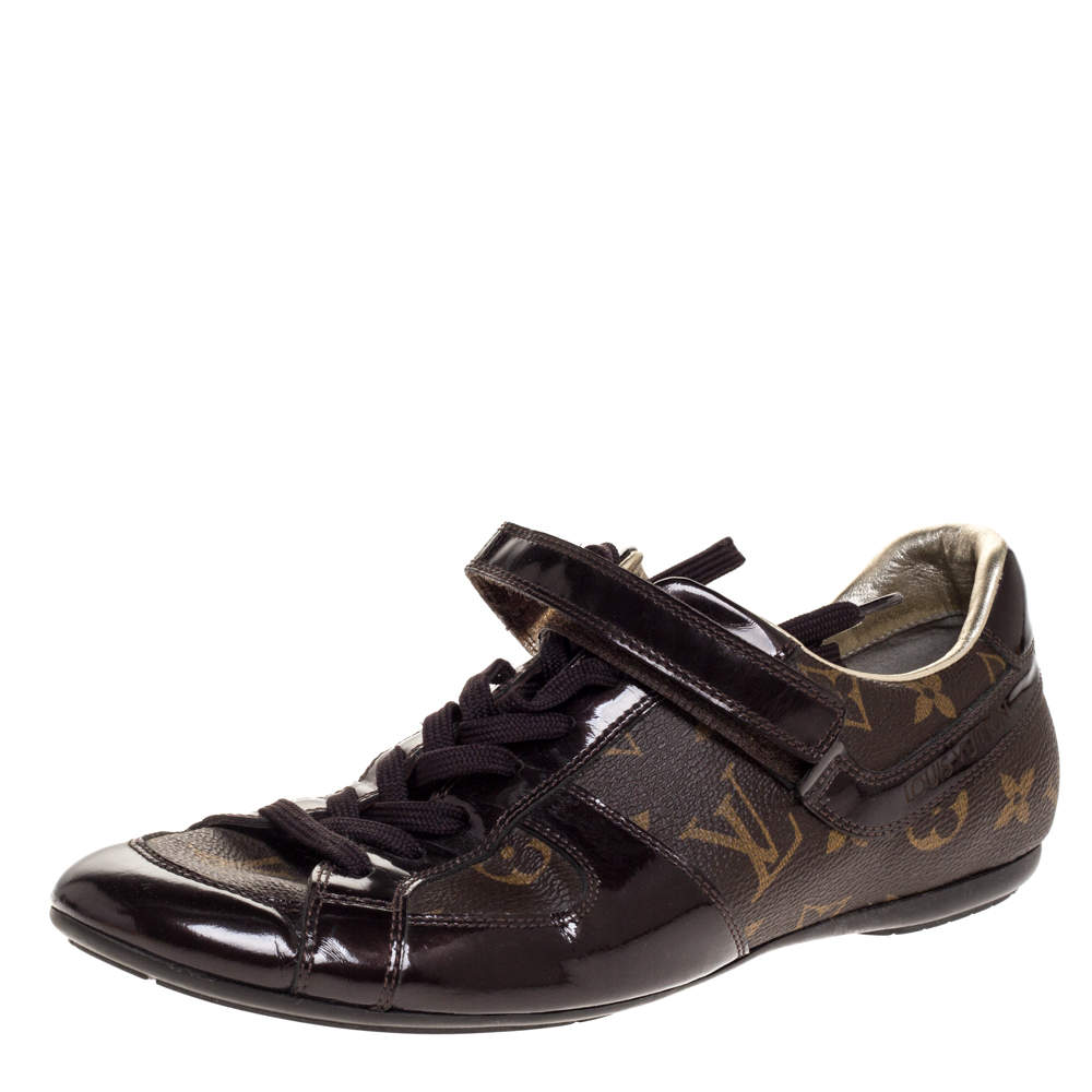 Louis Vuitton Brown Patent Leather And Monogram Canvas Lace Up Sneakers Size 38