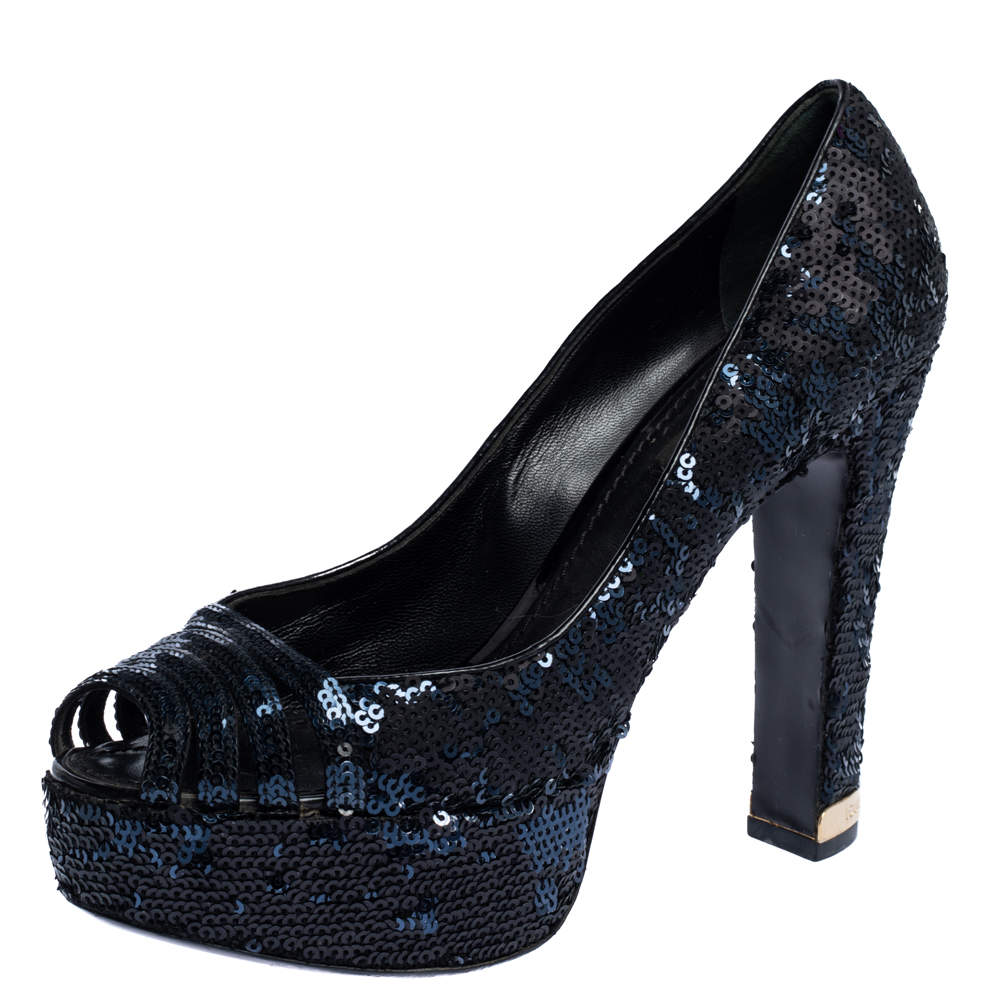 Louis Vuitton Navy Blue/Black Sequins Peep Toe Platform Pumps Size 37 -  ShopStyle