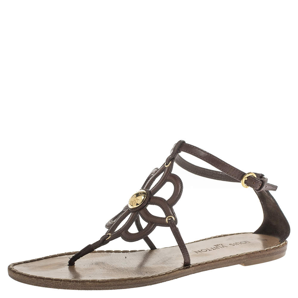 Louis Vuitton Brown Leather Fidji Thong Ankle Strap Sandals Size 40 ...