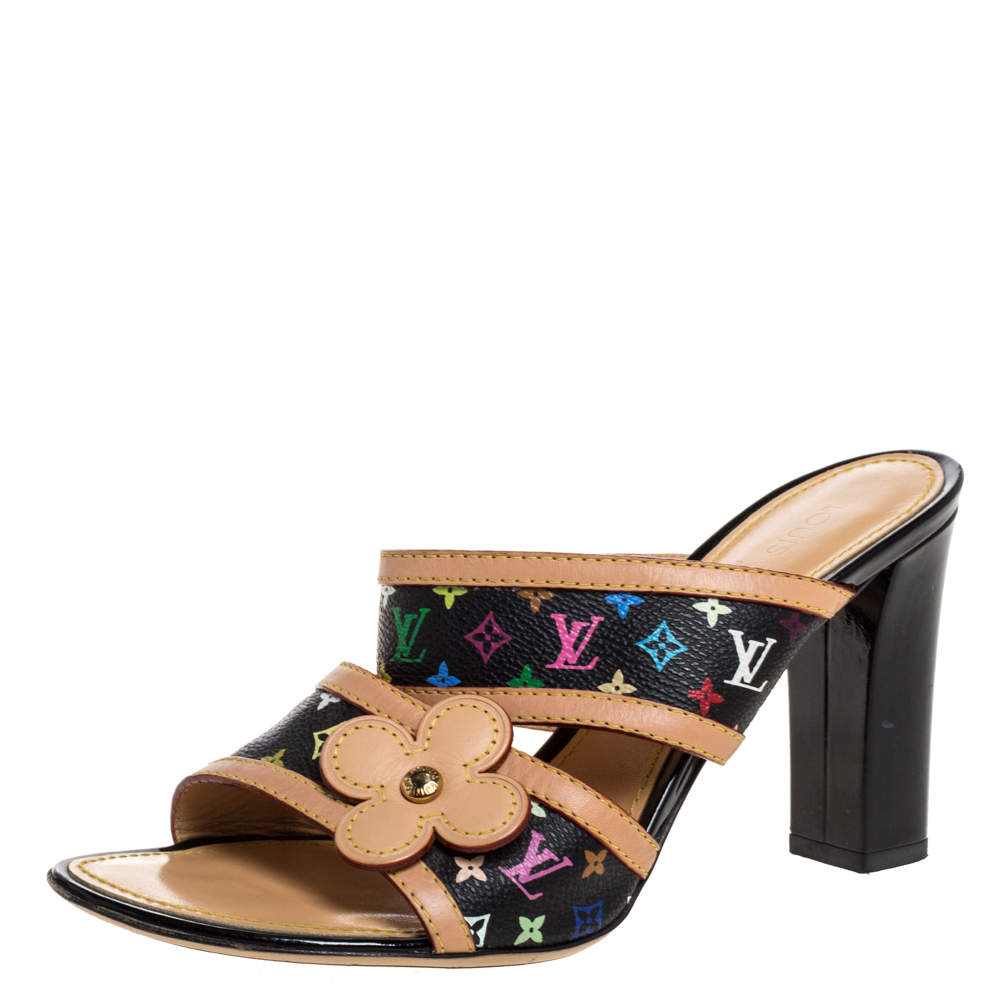 Louis Vuitton Black Multicolor Monogram Canvas And Leather Trim Slide Mule Sandals Size 39