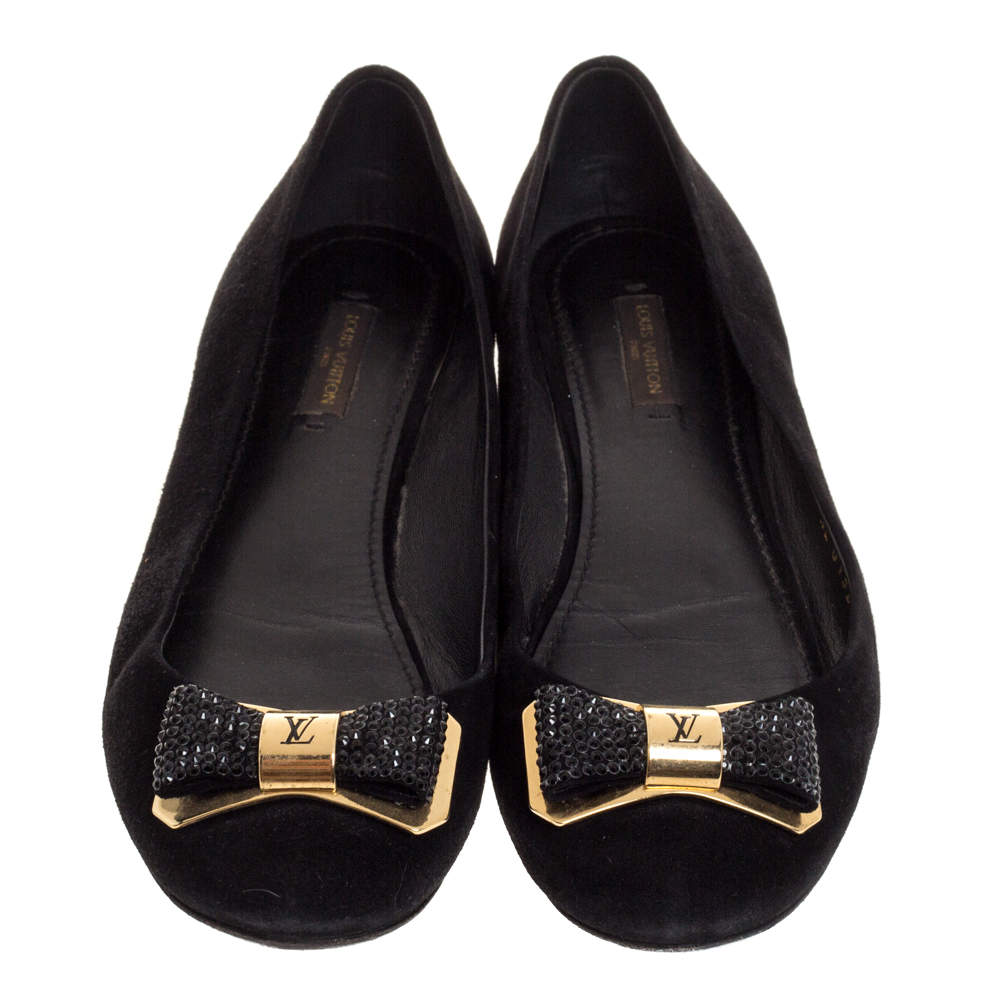 Louis Vuitton Black Suede 'Lou' Crystal Embellished Bow Detail Ballet Flats  Size 37 Louis Vuitton