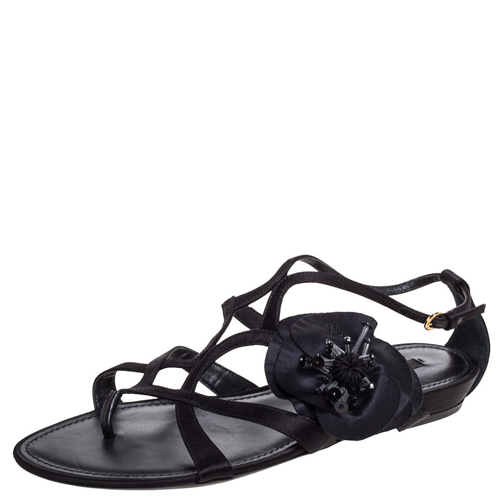 Pre Owned Louis Vuitton Black Satin Flower Detail Flat Sandals Size 41
