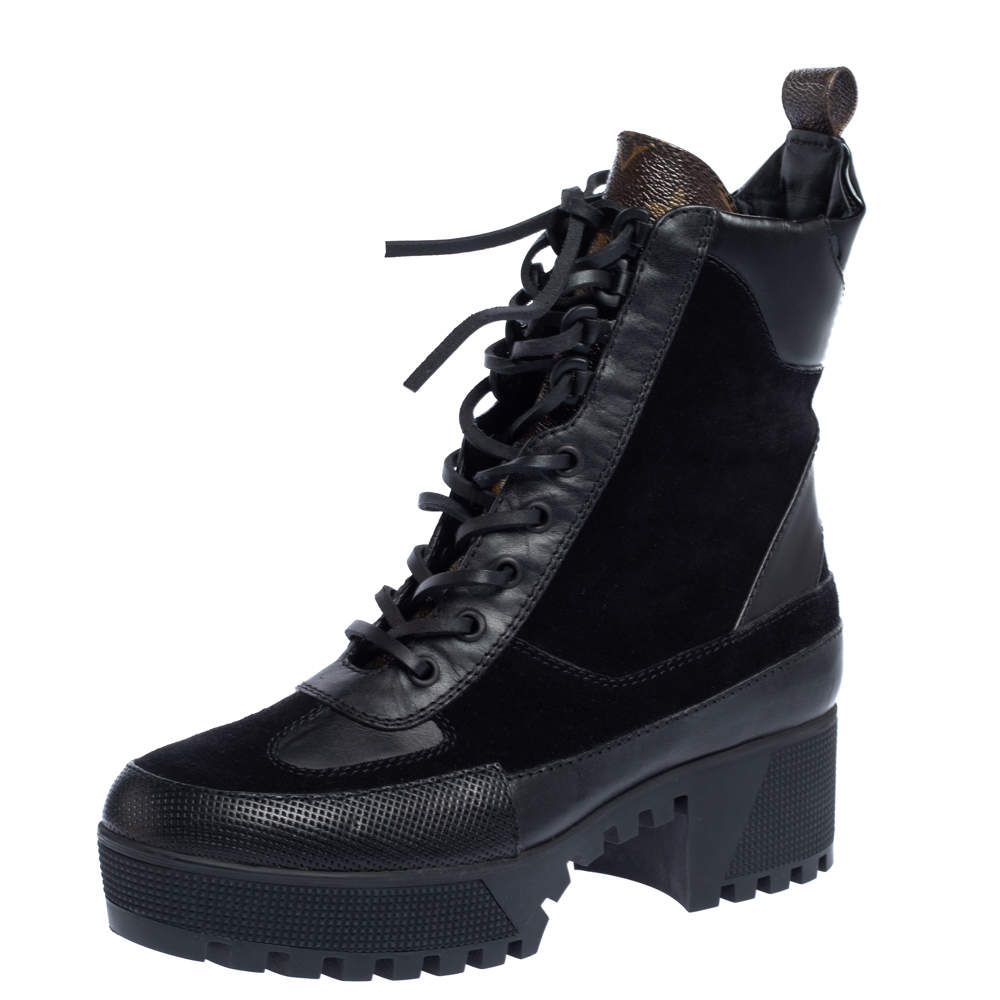 Louis Vuitton Black/Brown Suede, Monogram Canvas And Leather Laureate Platform Desert Ankle Boots Size 38